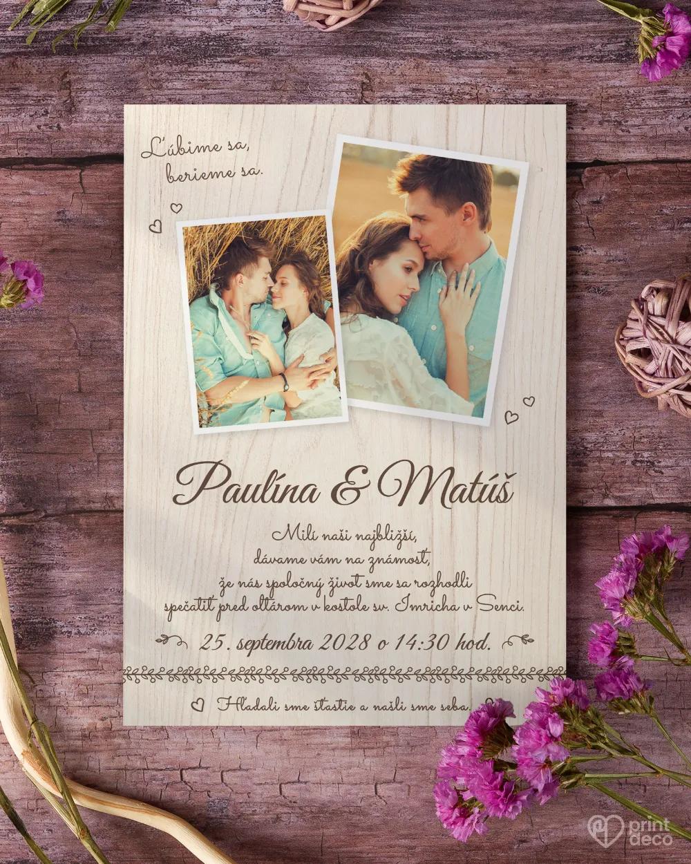 Svadobné oznámenie s fotografiou - Nežné chvíle svetlé drevo 1/3