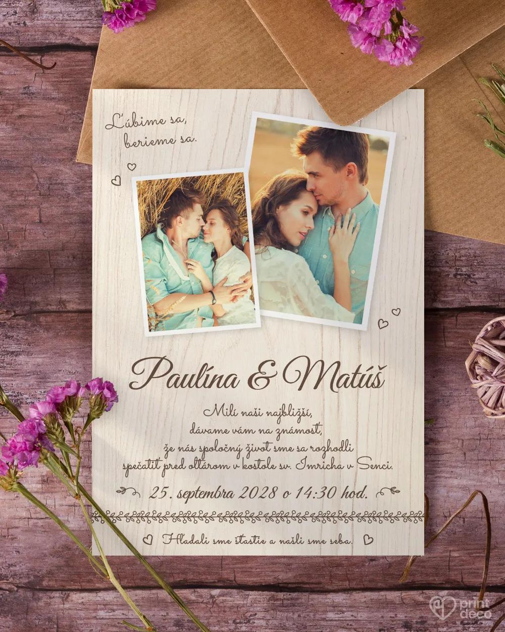 Svadobné oznámenie s fotografiou - Nežné chvíle svetlé drevo 2/3