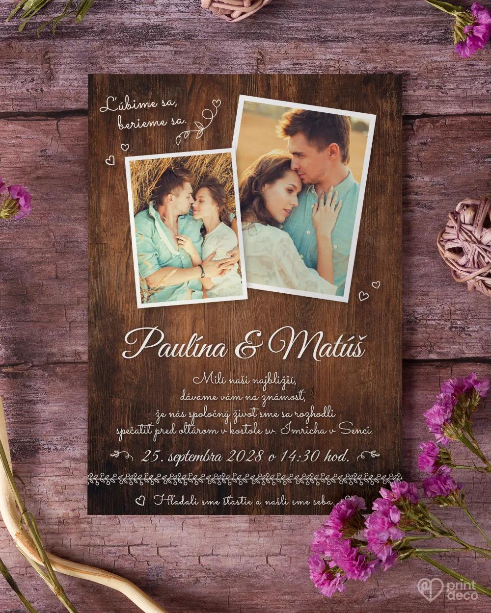 Svadobné oznámenie s fotografiou - Nežné chvíle tmavé drevo 1/3
