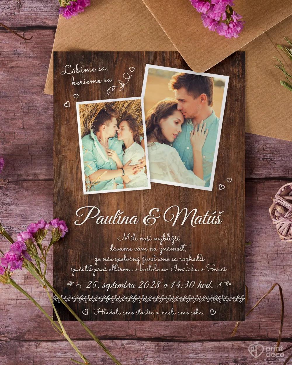 Svadobné oznámenie s fotografiou - Nežné chvíle tmavé drevo 2/3