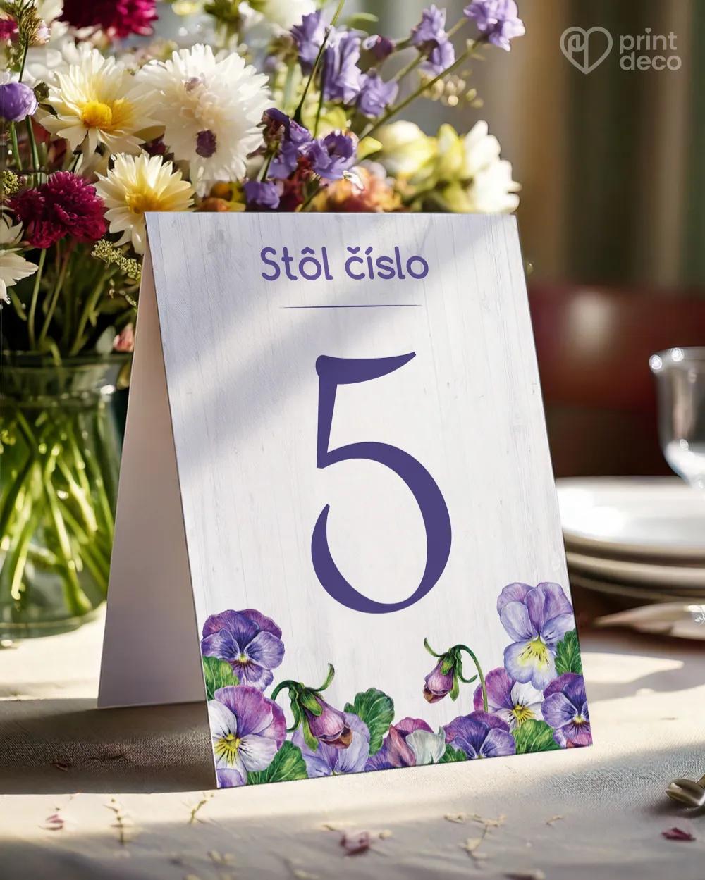 Svadobné číslovanie stolov – Fialky