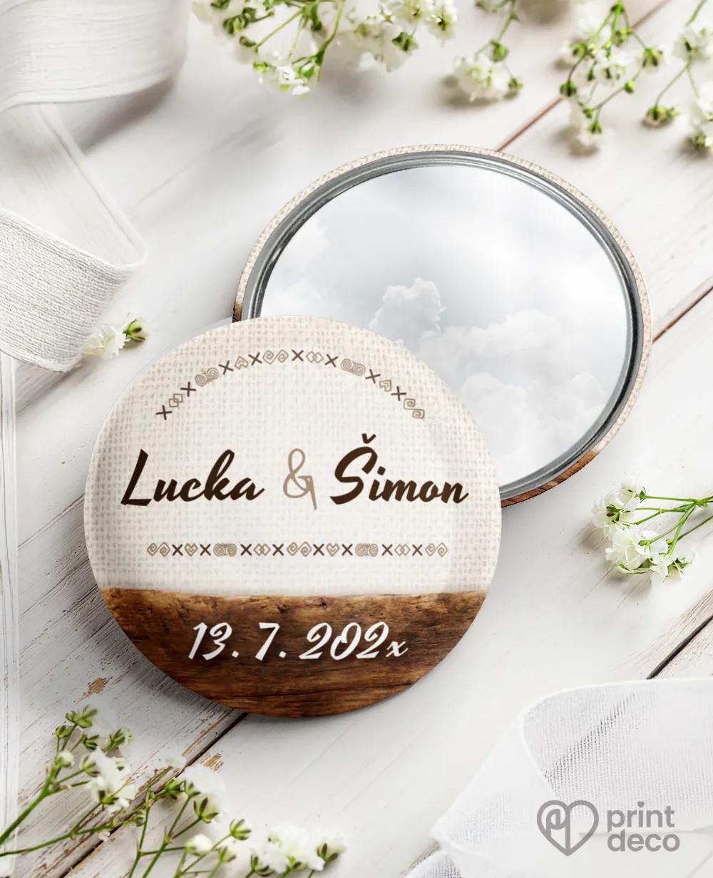 Kovové svadobné zrkadielka s ľudovým dreveným motívom II.