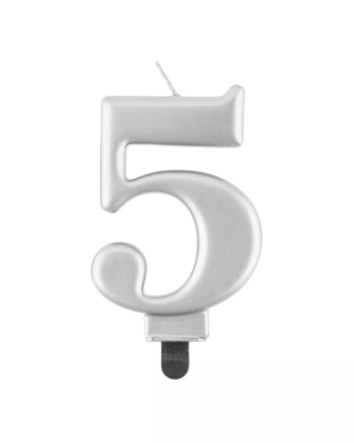 Tortová sviečka 5 metalická strieborná