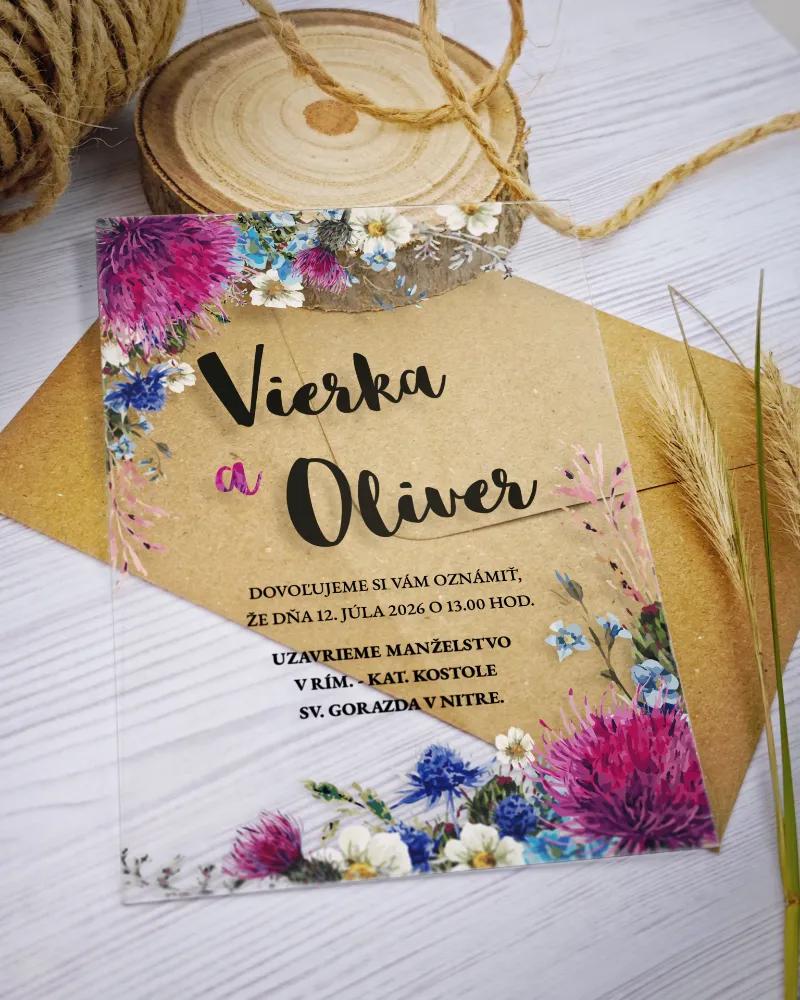Transparentné svadobné  oznámenia pestré Poľné kvety