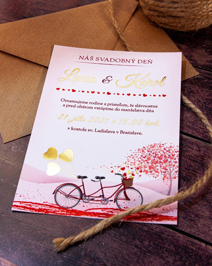 Metalické svadobné oznámenia - Svadobný bicykel
