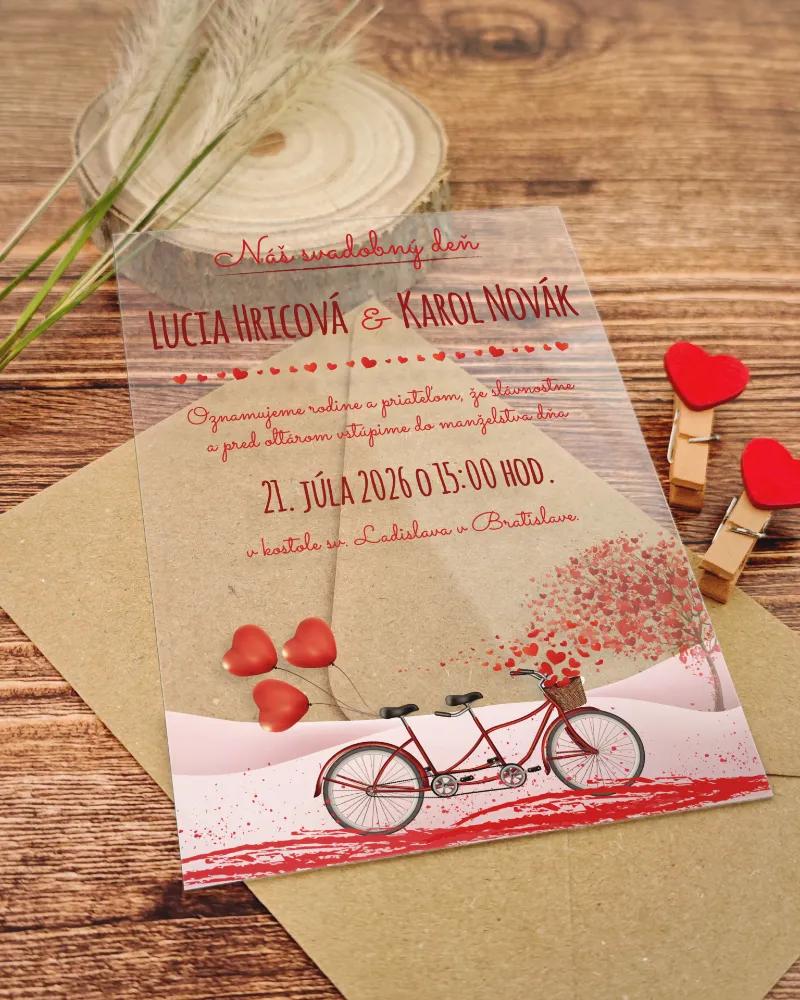 Transparentné svadobné oznámenia Svadobný bicykel