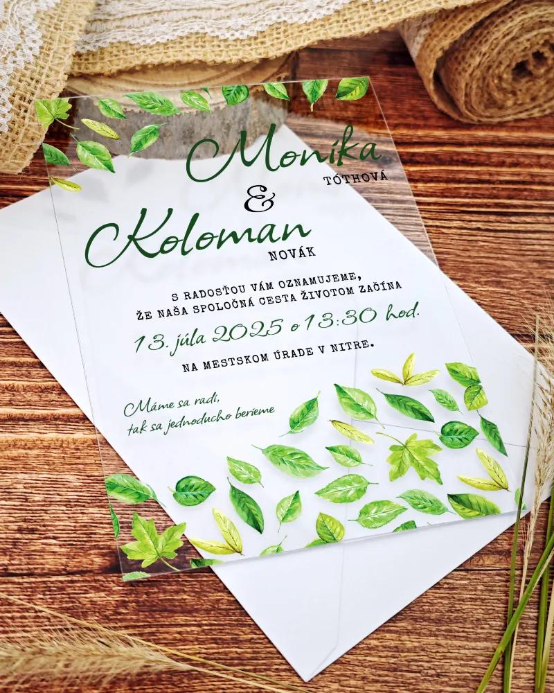 Transparentné svadobné oznámenia Svieže listy 01