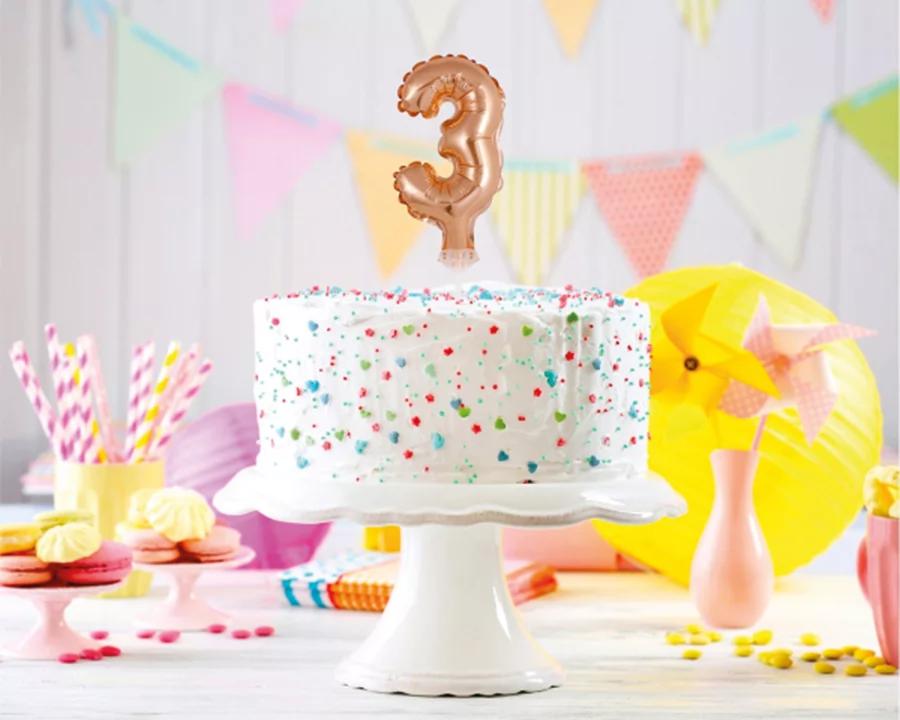 Zápich do torty balón číslo 3 ružovo zlatý 13 cm 1/2