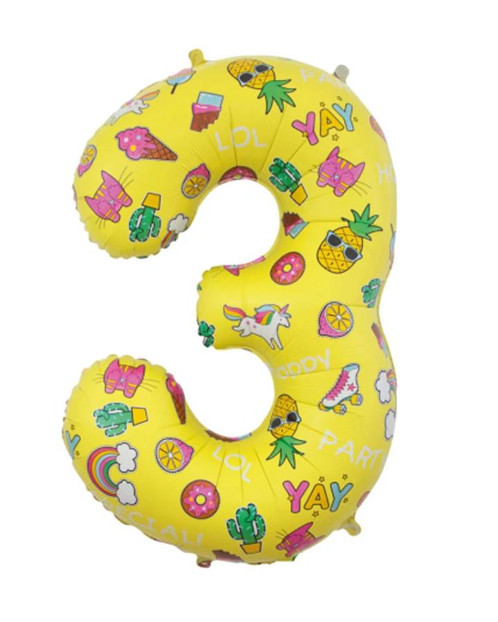 Balón číslo 3 žltý detský motív 78cm