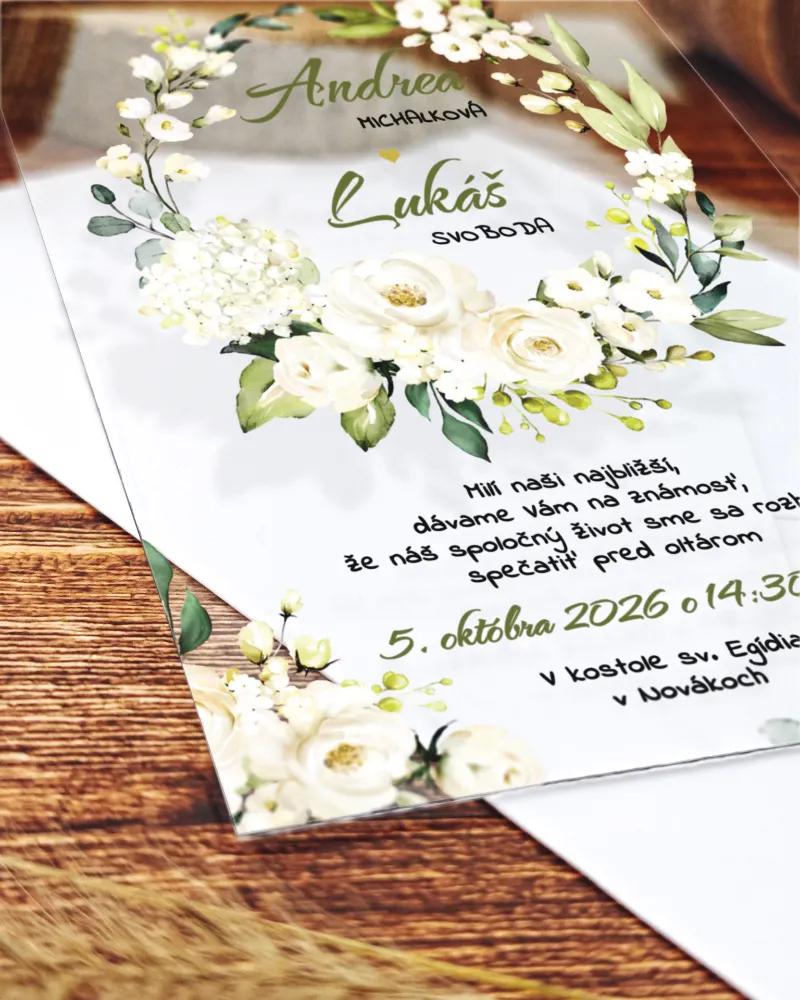 Transparentné svadobné oznámenia Biele ruže 04 1/2