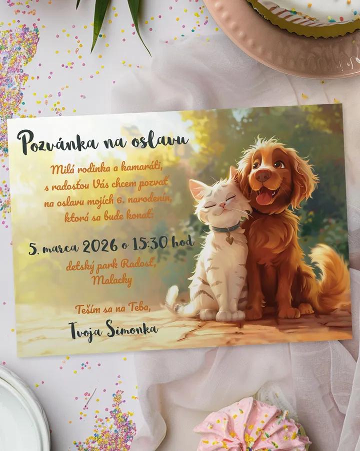 Detská pozvánka na oslavu - Psík a mačička
