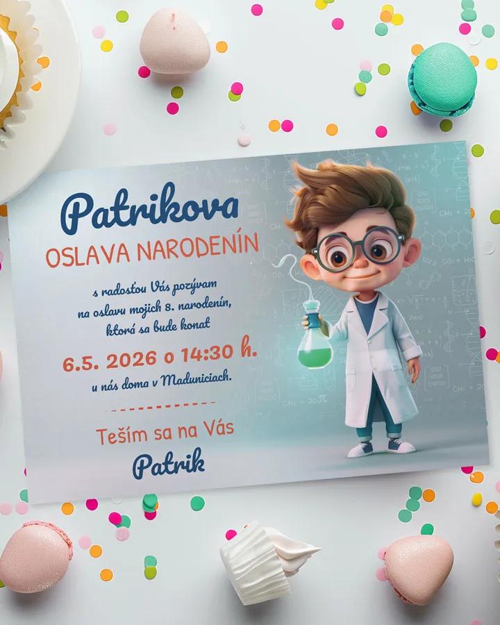 Detská pozvánka na oslavu - Malý vedec chlapec