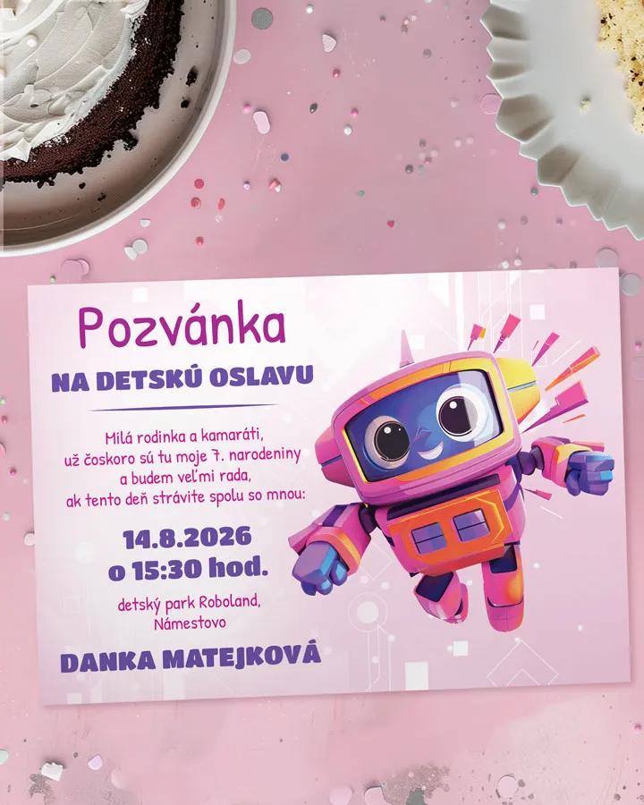 Detská pozvánka na oslavu - Robot 01 ružová