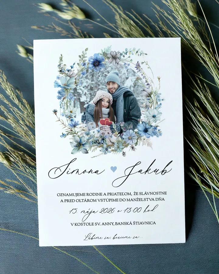 Svadobné oznámenia s fotkou - Modrý venček