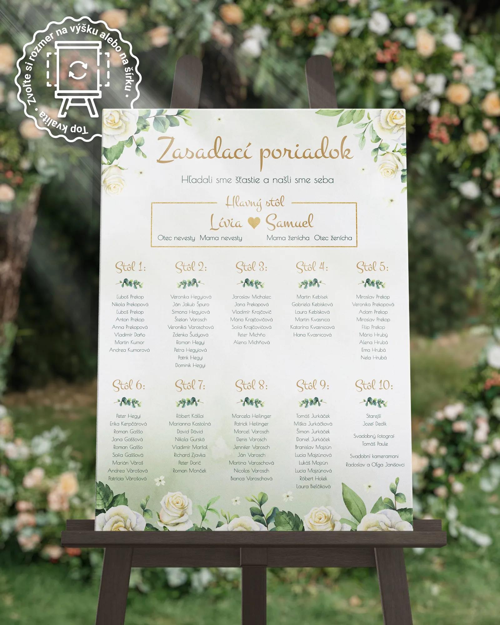 Svadobný zasadací poriadok vzor Biele ruže