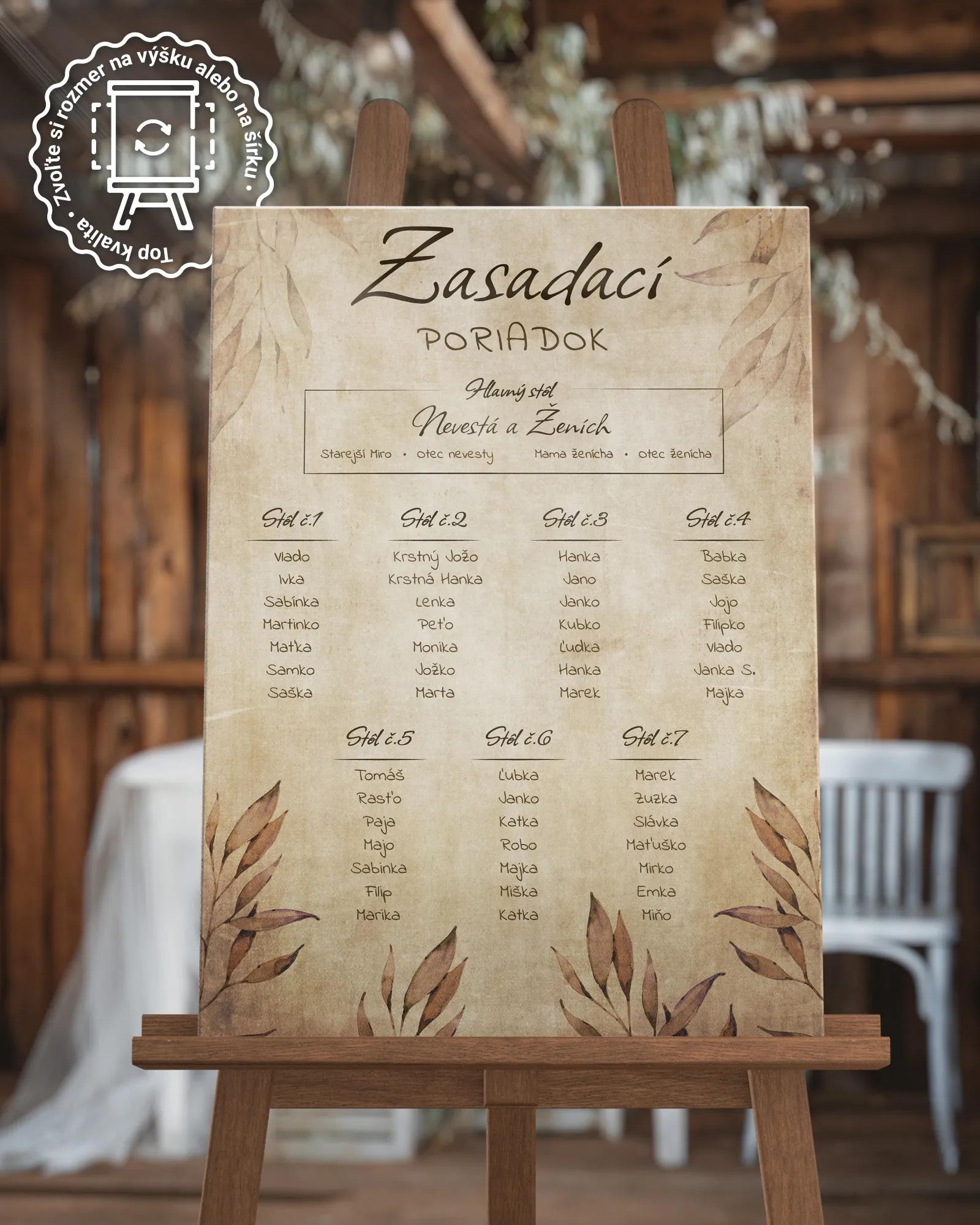 Svadobný zasadací poriadok vzor Vintage listy