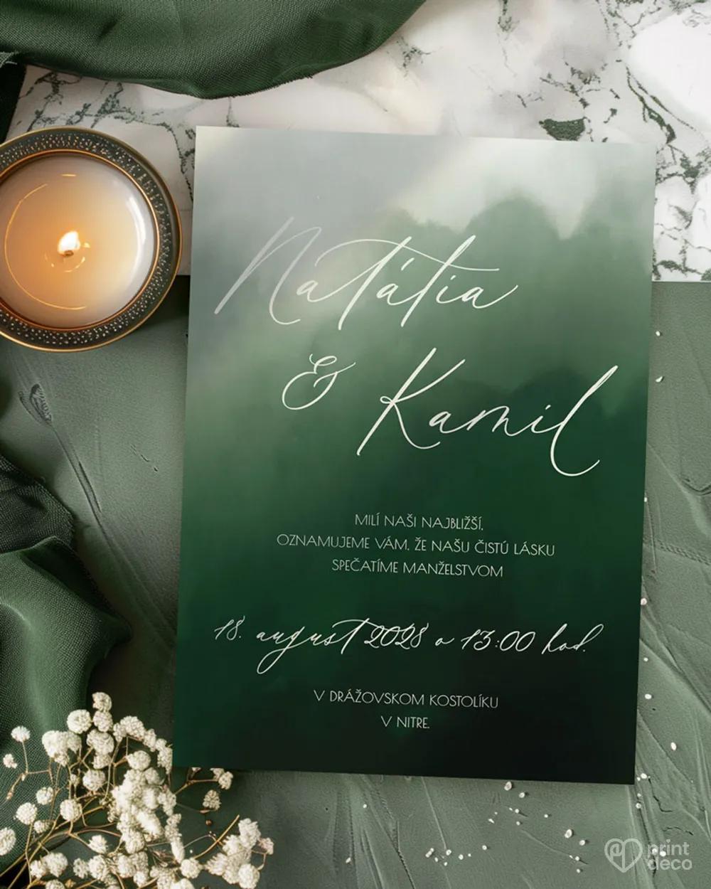 Svadobné oznámenia - Akvarelová láska (tmavo zelená)