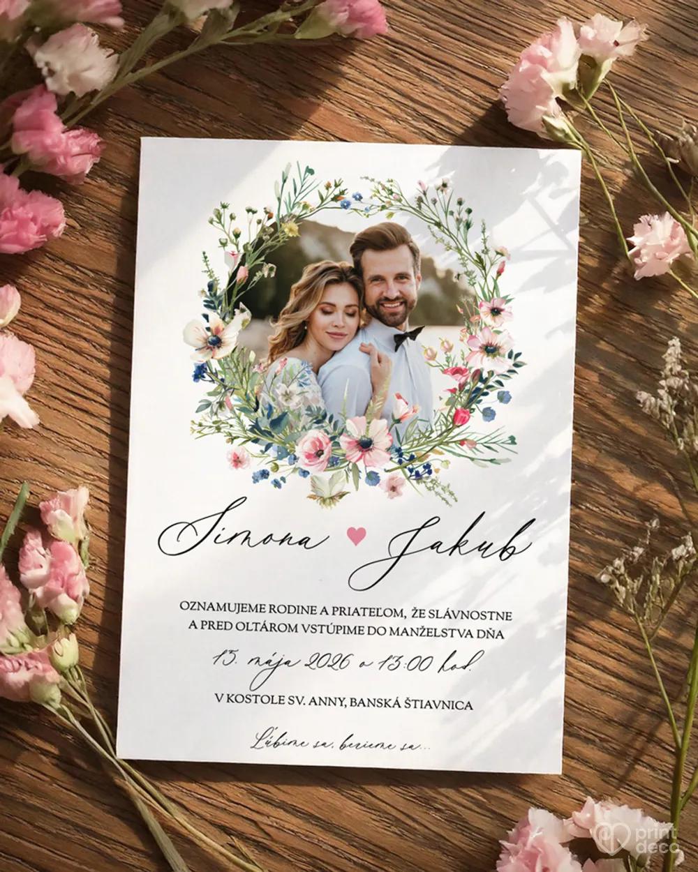 Svadobné oznámenia s fotkou - Ružový venček II.