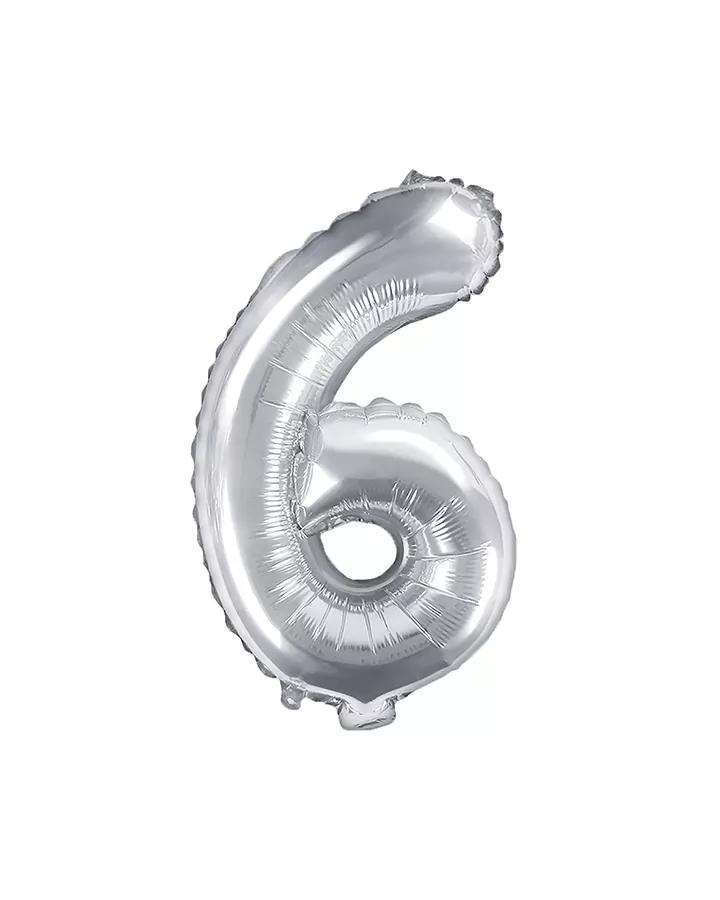 Fóliový balón číslo 6, strieborný, 35 cm