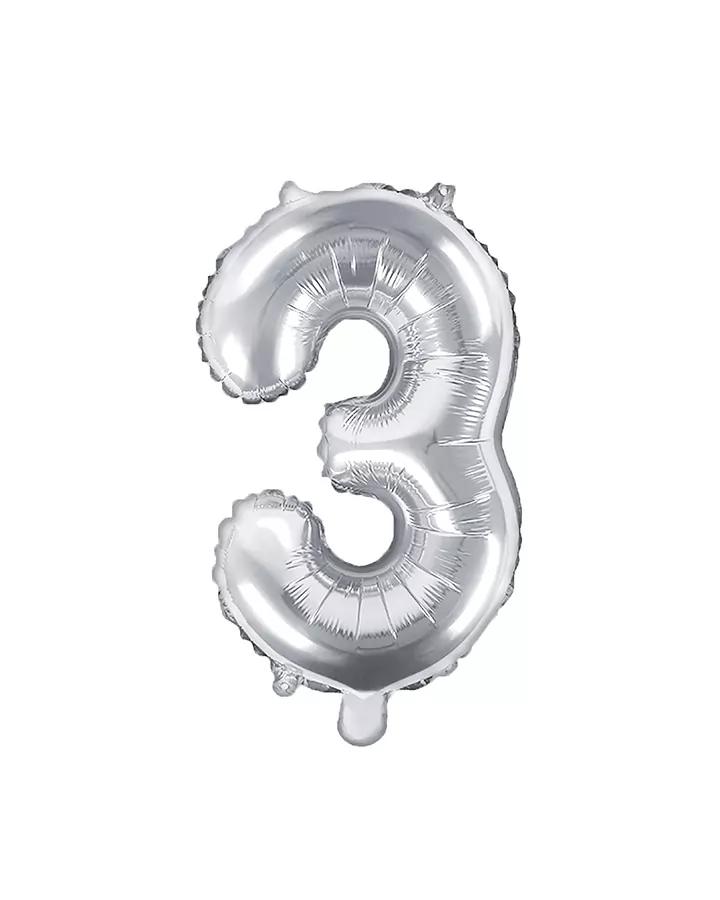 Fóliový balón číslo 3, strieborný, 35 cm