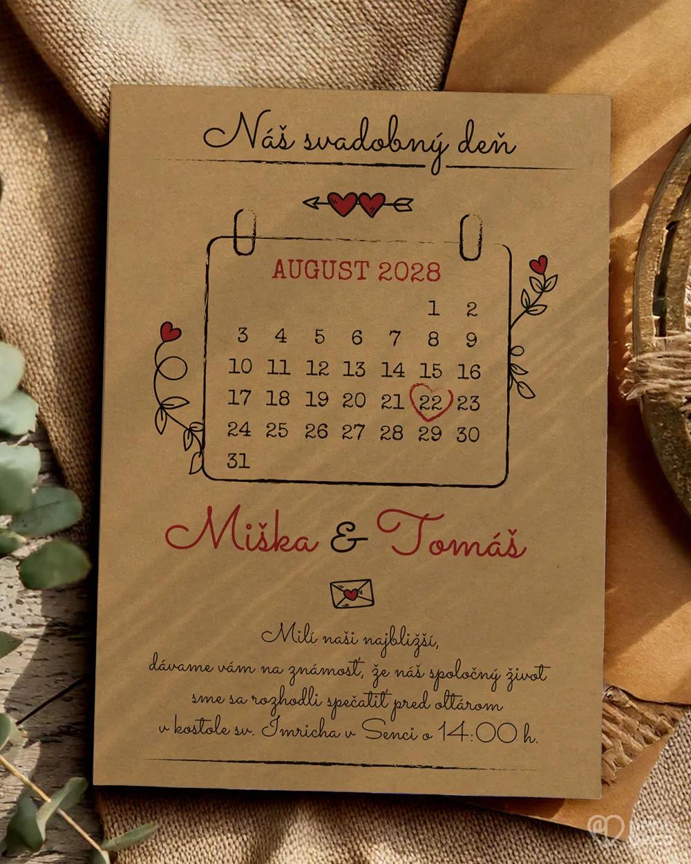 Jednoduché svadobné oznámenia s kalendárikom Kraft